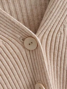 Button Front Rib-knit Solid Cardigan - Apricot - View 4