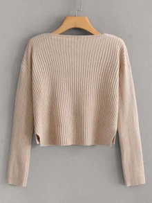 Button Front Rib-knit Solid Cardigan - Apricot - View 2