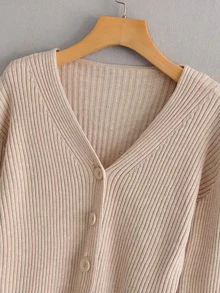 Button Front Rib-knit Solid Cardigan - Apricot - View 6