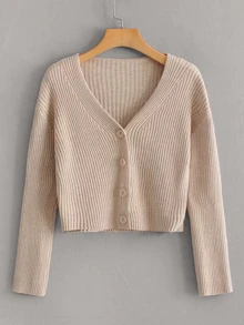 Button Front Rib-knit Solid Cardigan - Apricot - View 1