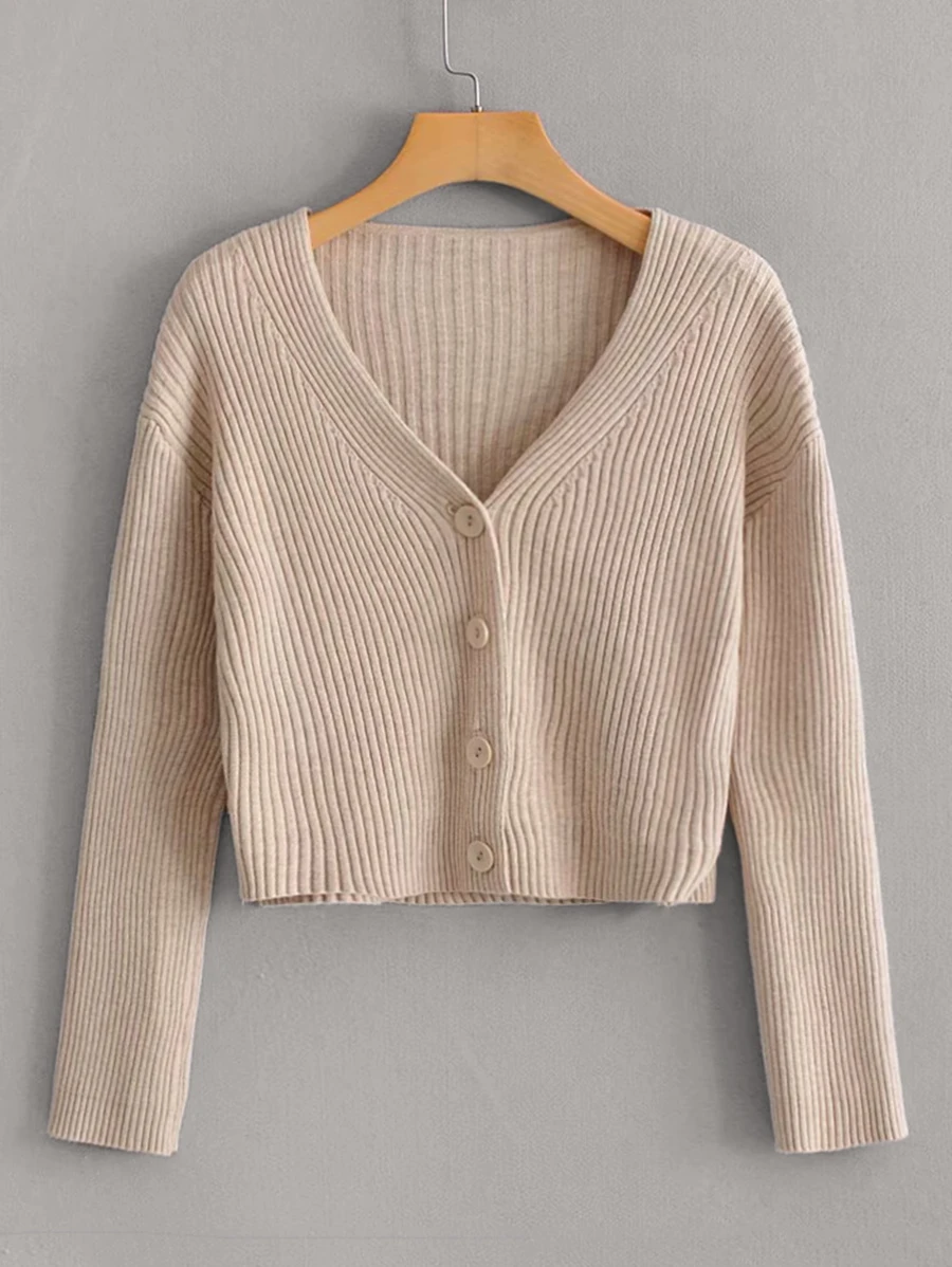 Button Front Rib-knit Solid Cardigan - Apricot - View 1