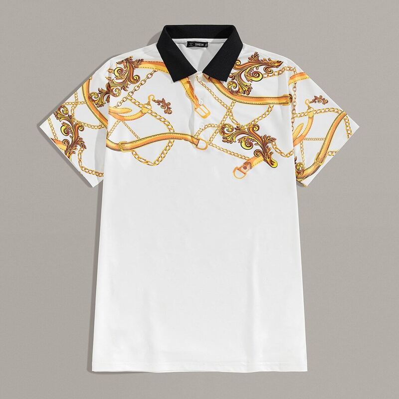 

Guys Contrast Collar Scarf Print Polo Shirt, White