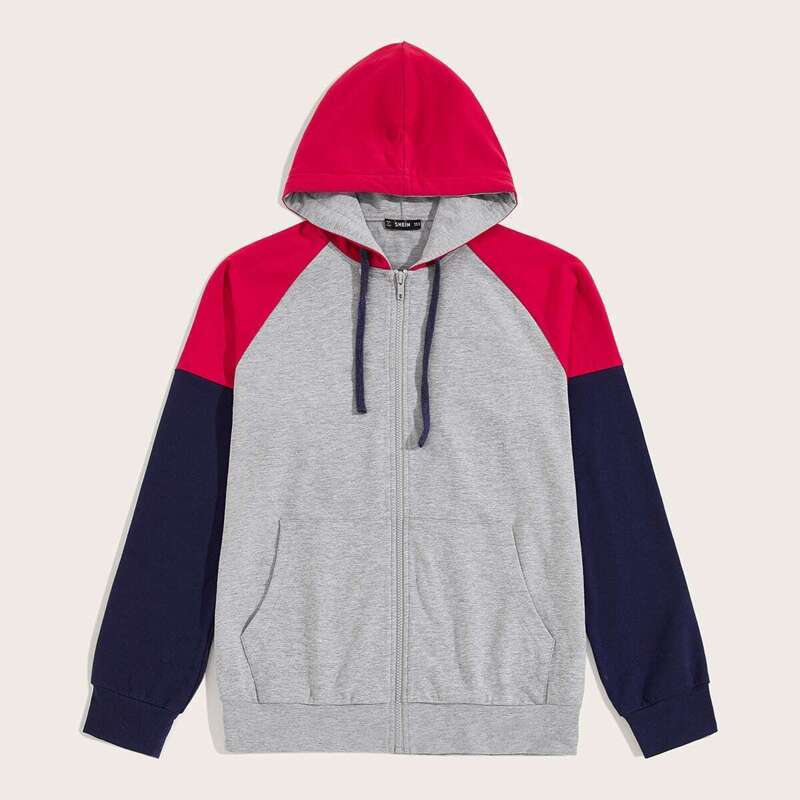 

Guys Pocket Front Raglan Sleeve Colorblock Zip Up Hoodie, Grey