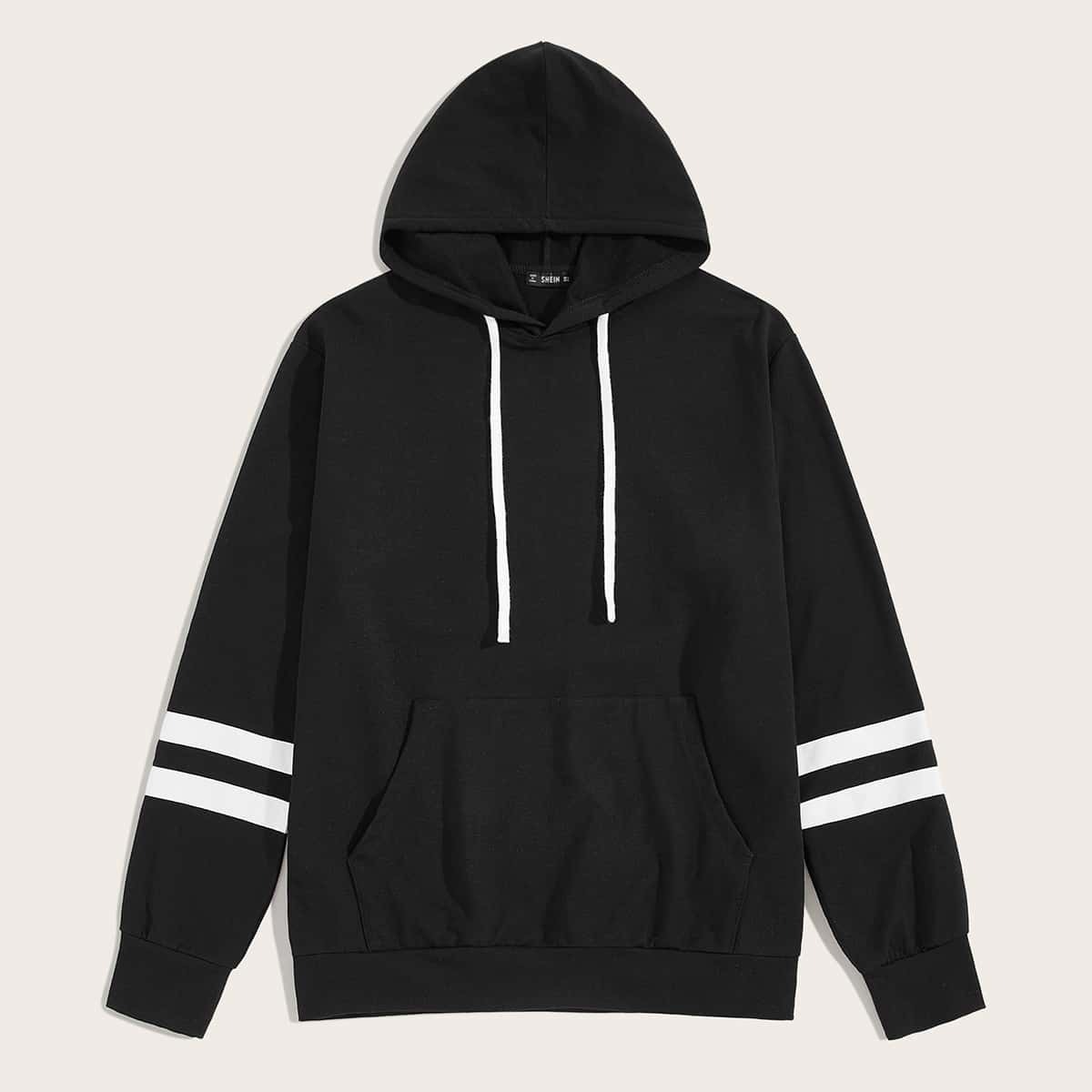 

Guys Pocket Front Varsity Striped Sleeve Drawstring Hoodie, Black