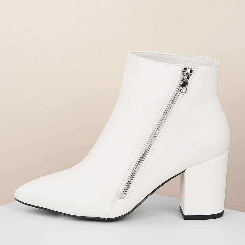 

Pointy Toe Block Heel Side Zipper Ankle Boots, White