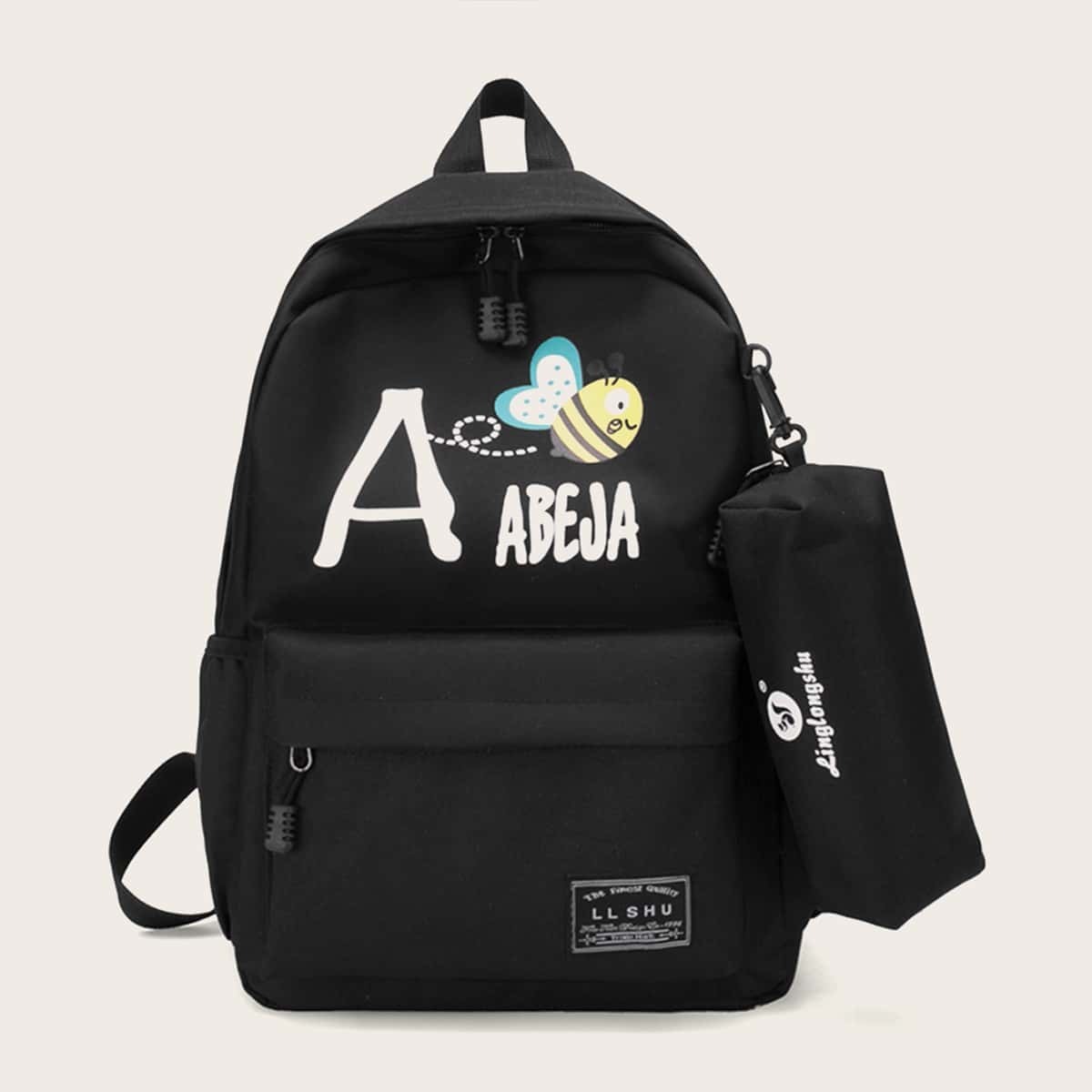 

Letter Print Backpack With Pencil Case, Black
