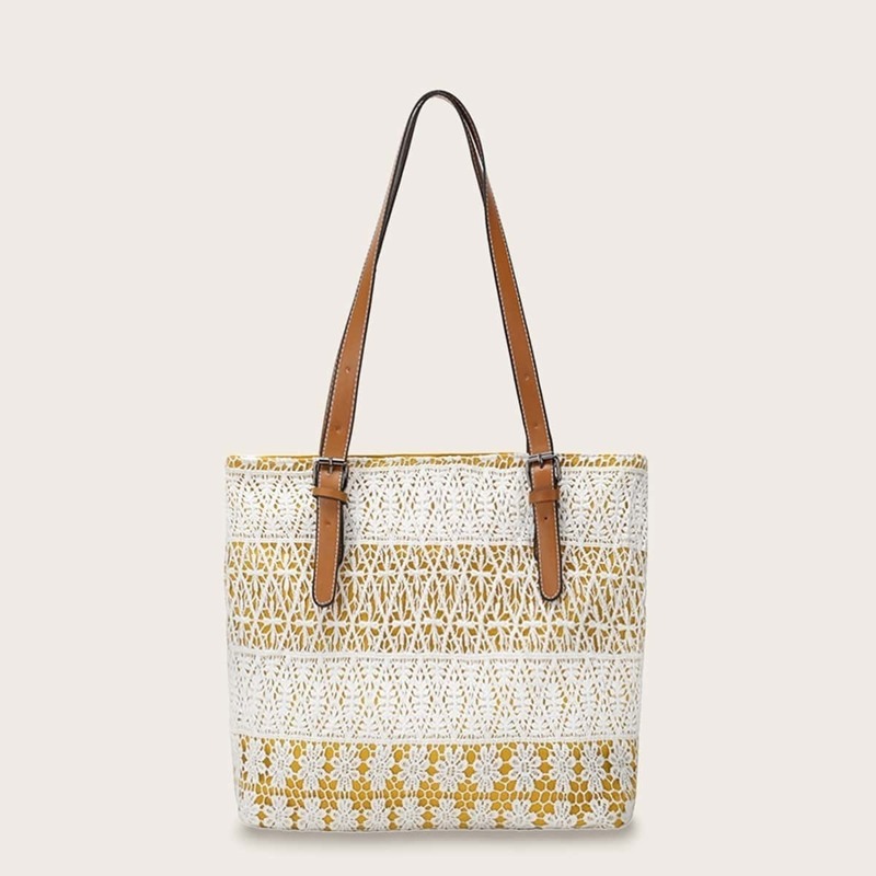 

Buckle Strap Crochet Tote Bag, Multicolor