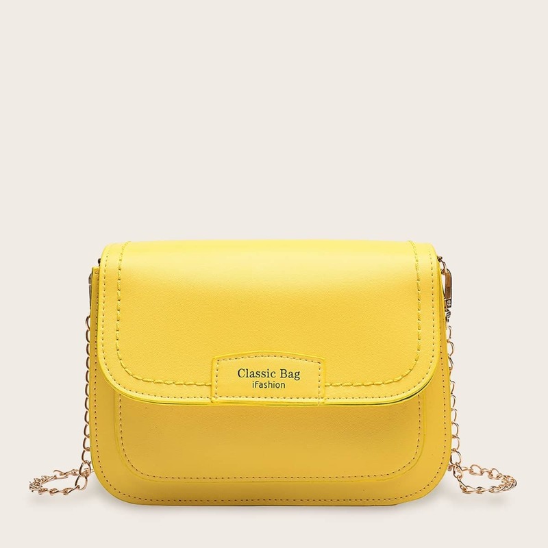 

Letter Print Flap Chain Bag, Yellow