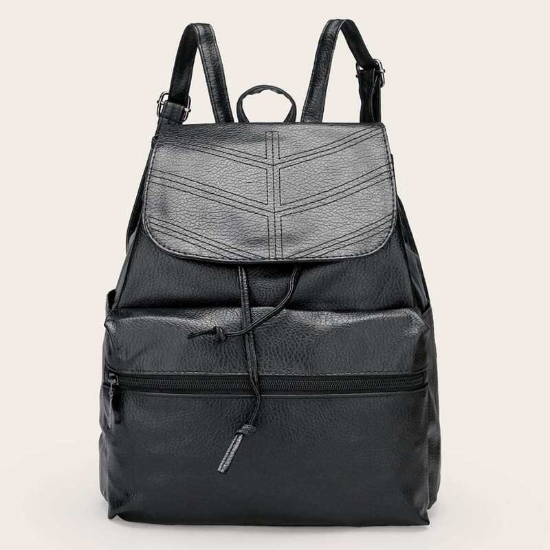 

Pocket Front Flap Backpack With Drawstring, Black