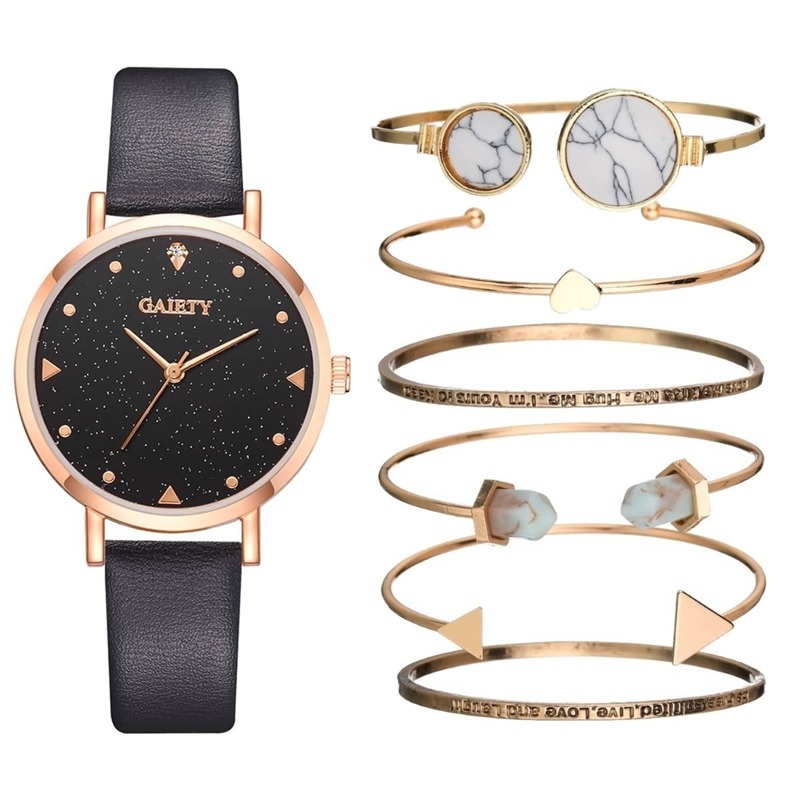 

PU Strap Starry Sky Watch & 6pcs Bracelet
