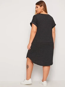 SHEIN LUNE Plus V-neck Curved Hem Striped Tee Dress - Black - View 2