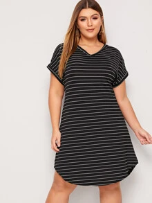 SHEIN LUNE Plus V-neck Curved Hem Striped Tee Dress - Black - View 1