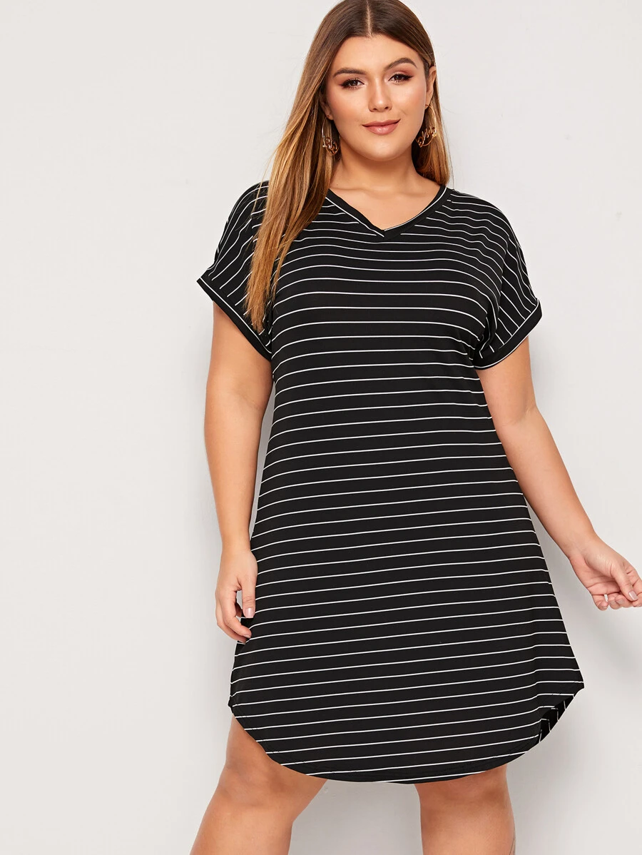 SHEIN LUNE Plus V-neck Curved Hem Striped Tee Dress - Black - View 1