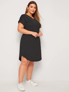 SHEIN LUNE Plus V-neck Curved Hem Striped Tee Dress - Black - View 4