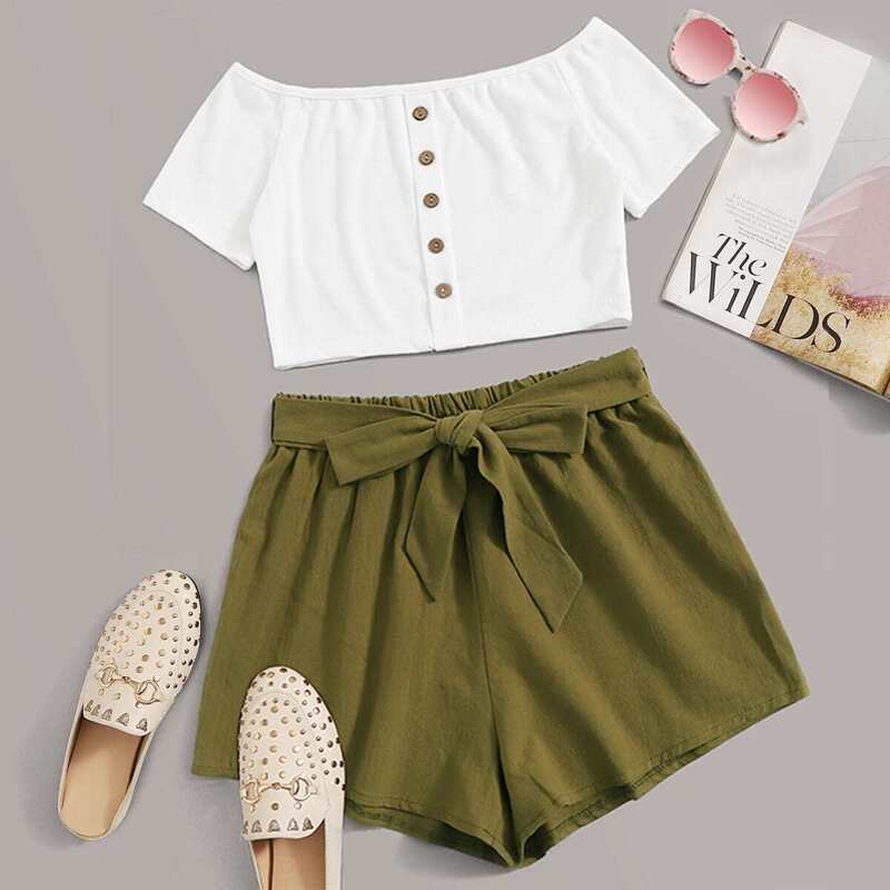 

Off-shoulder Button Front Top & Belted Shorts, Multicolor