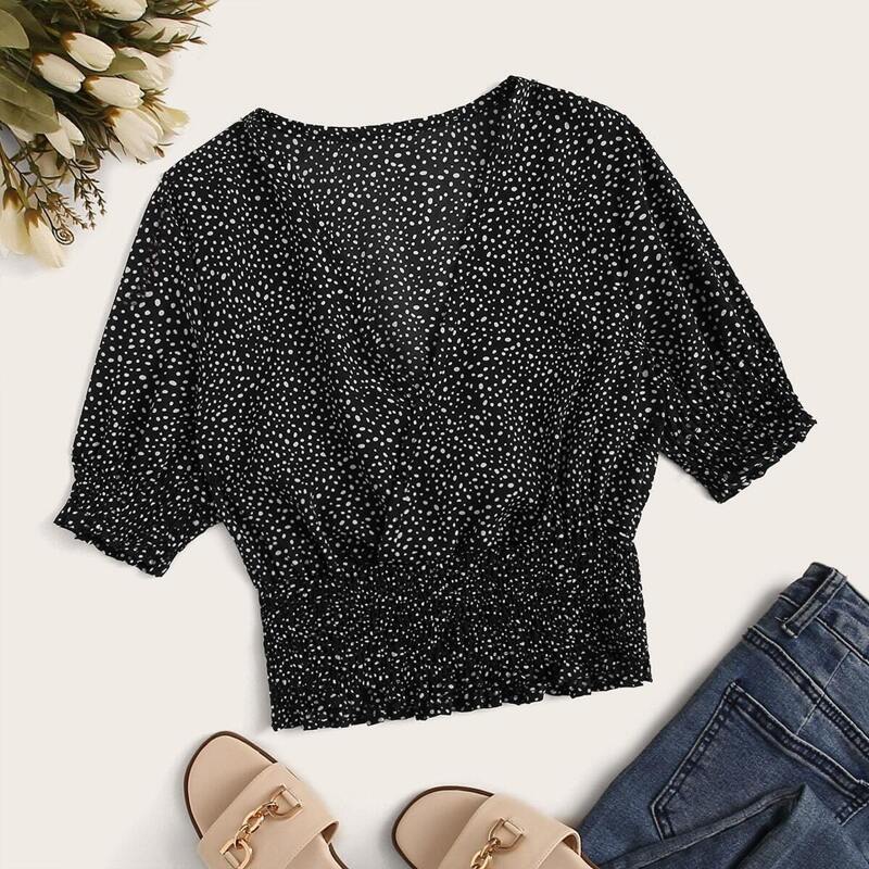 

V-neck Dalmatian Print Shirred Blouse, Black