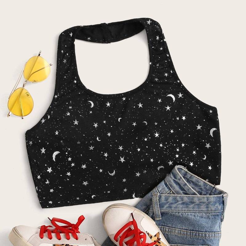 

Tie Back Galaxy Print Halter Top, Black