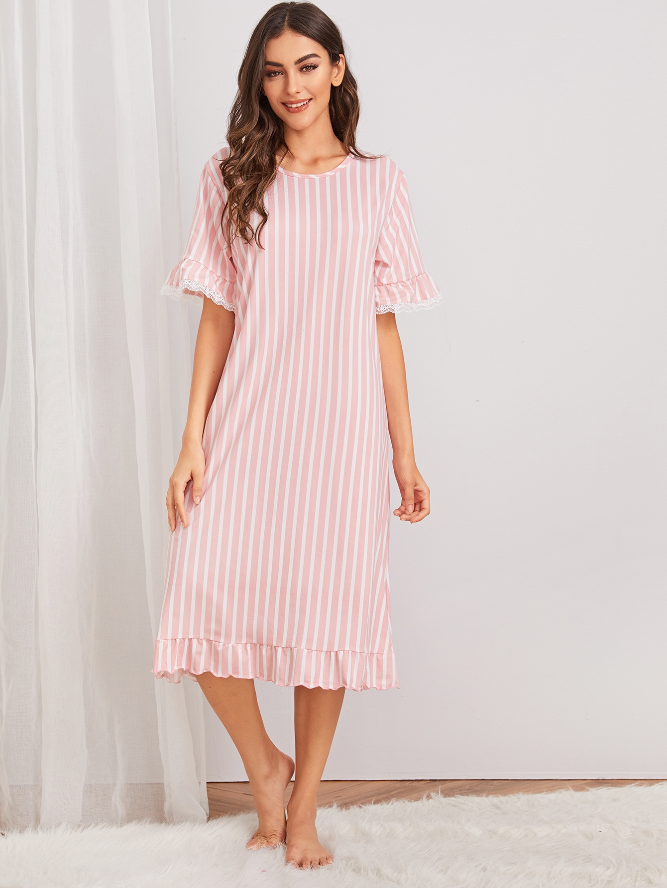 Striped Lace Trim Ruffle Night Dress thumbnail