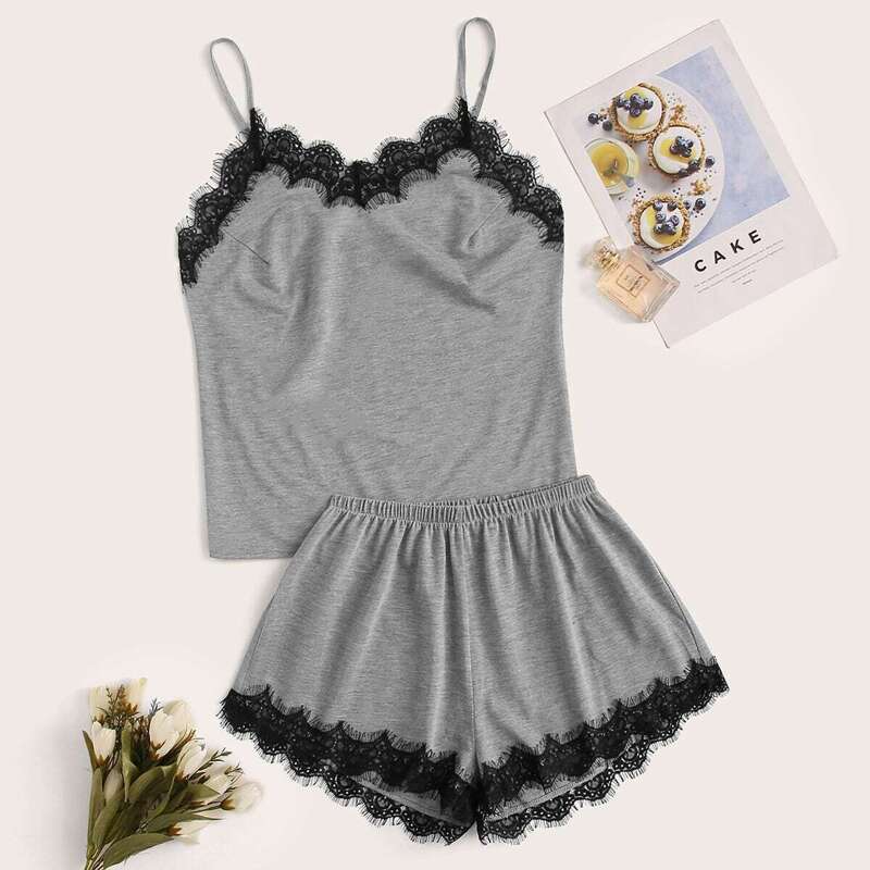 

Eyelash Floral Lace Cami PJ Set, Grey