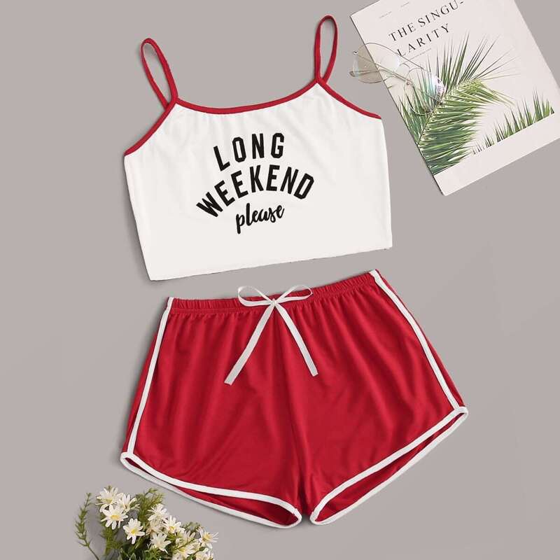 

Letter Print Cami Pajama Set, Multicolor