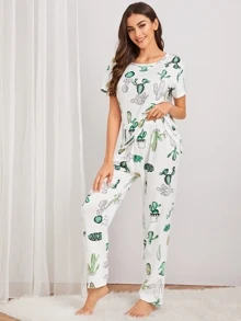 Cactus Print Pajama Set With Eye Cover - Multicolor - View 1