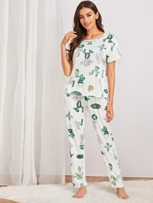Cactus Print Pajama Set With Eye Cover - Multicolor - View 3
