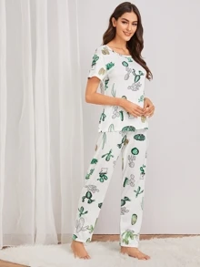 Cactus Print Pajama Set With Eye Cover - Multicolor - View 4
