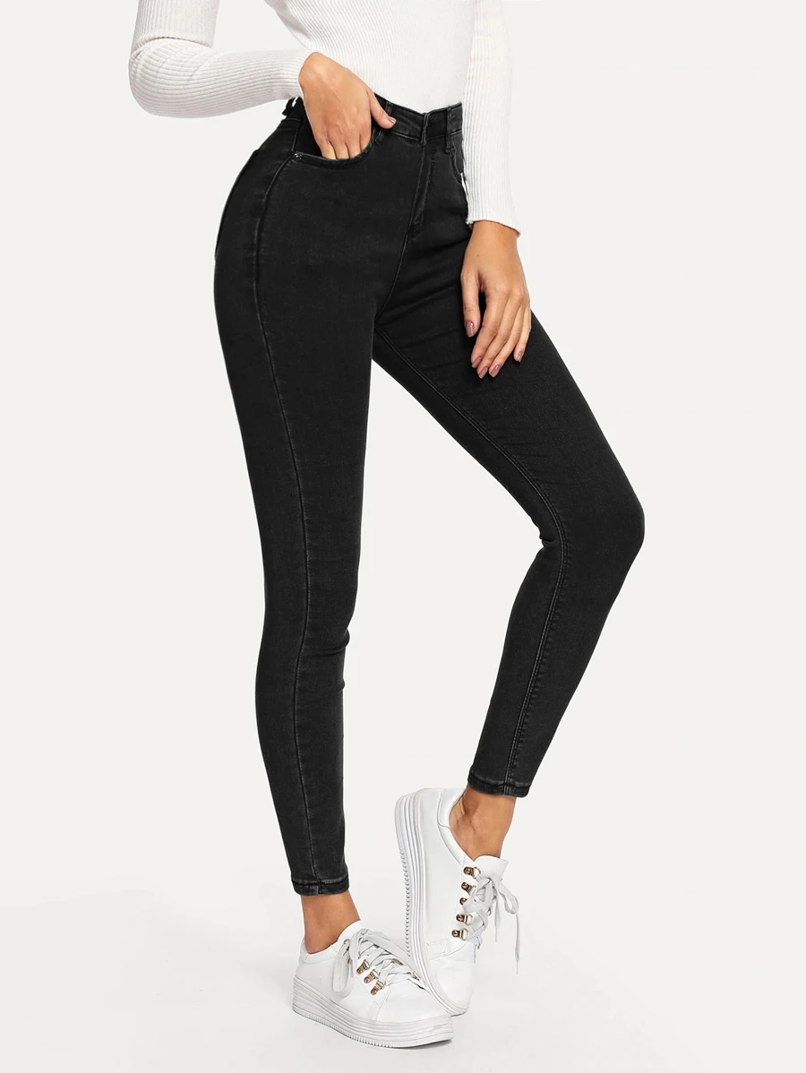 High Waist High Stretch Ankle-Cut Skinny Jeans - Black - View 1