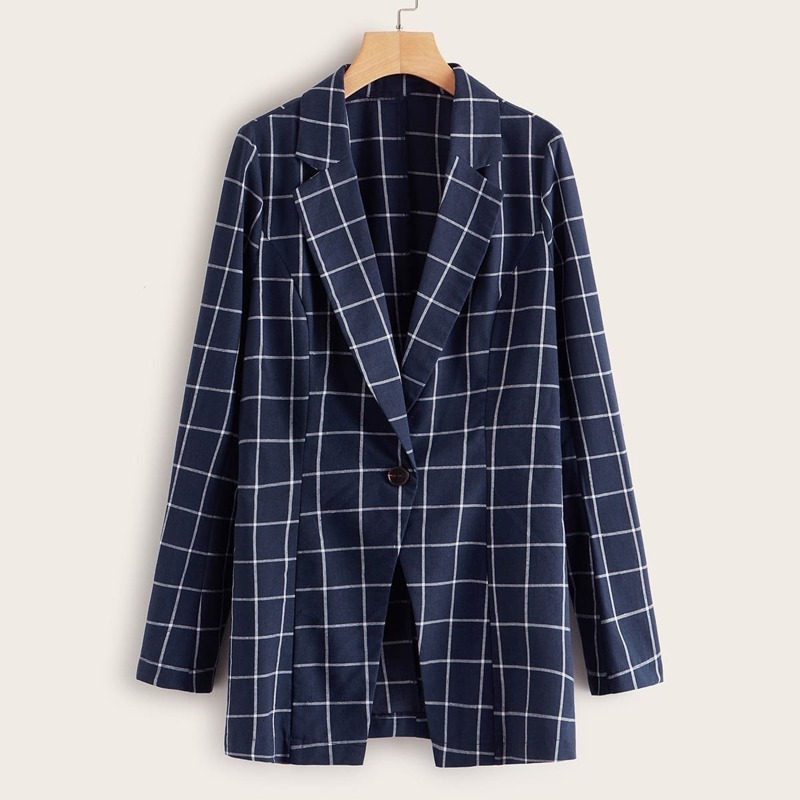 

Grid Print Single Button Blazer, Navy