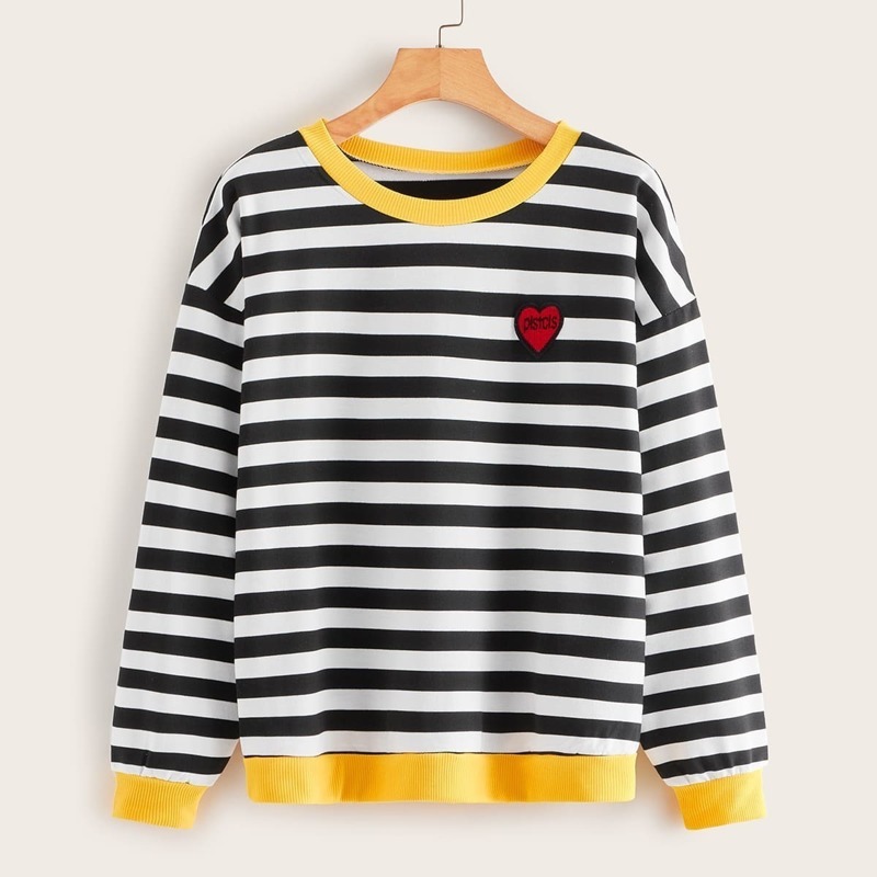

Striped Embroidery Ringer Sweatshirt, Black and white
