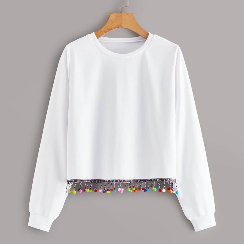

Pom Pom Hem Round Neck Sweatshirt, White