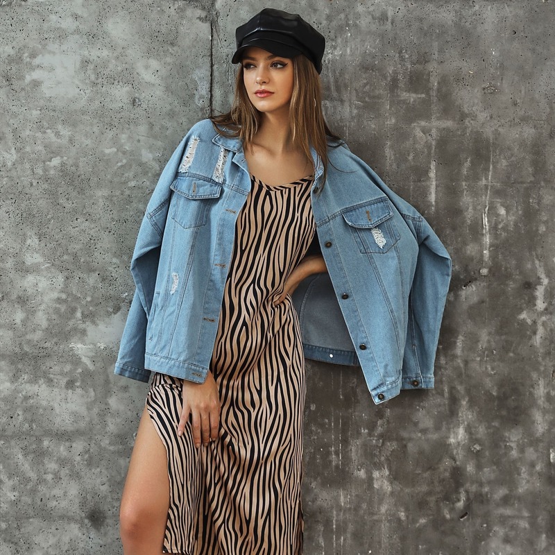 

Light Wash Ripped Denim Jacket, Blue