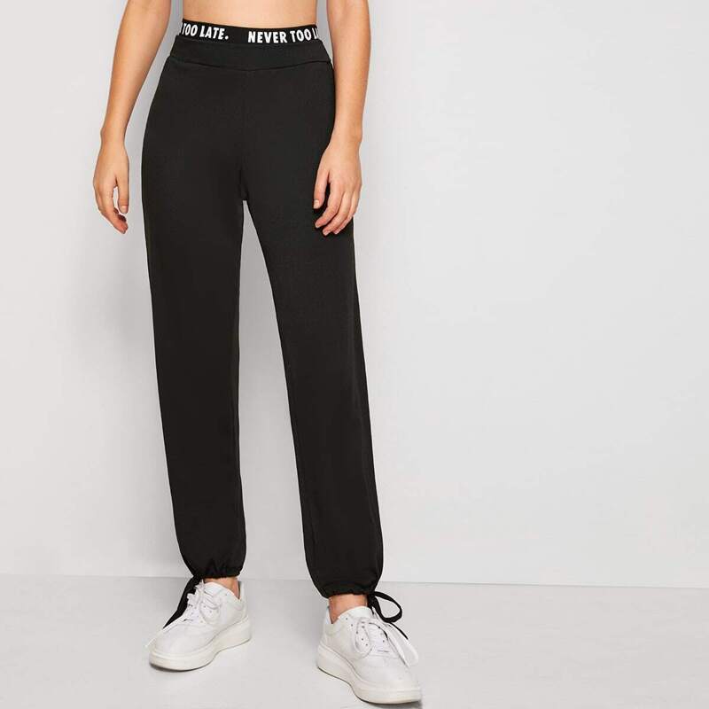 

Solid Elastic Waist Knot Hem Pants, Black