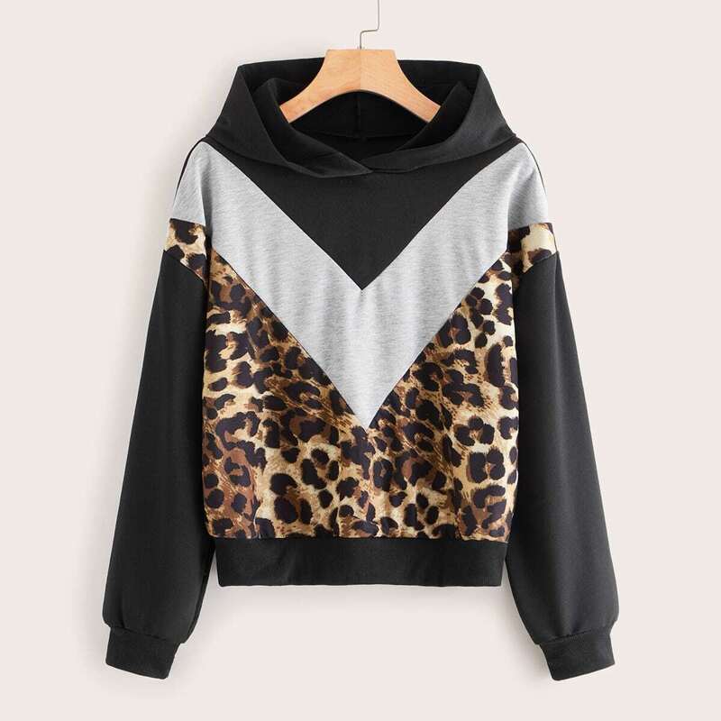 

Leopard Print Colorblock Hooded Sweatshirt, Multicolor