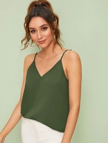 SHEIN Essnce Double V-neck Solid Cami Top - Army Green - View 3