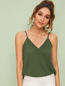 SHEIN Essnce Double V-neck Solid Cami Top - Army Green - View 1