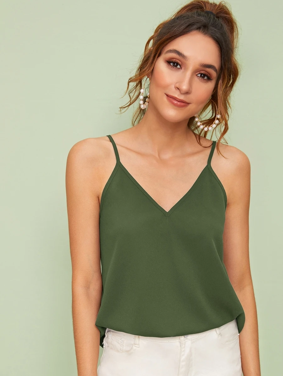 SHEIN Essnce Double V-neck Solid Cami Top - Army Green - View 1
