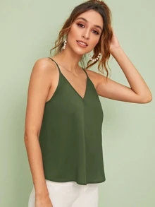SHEIN Essnce Double V-neck Solid Cami Top - Army Green - View 4