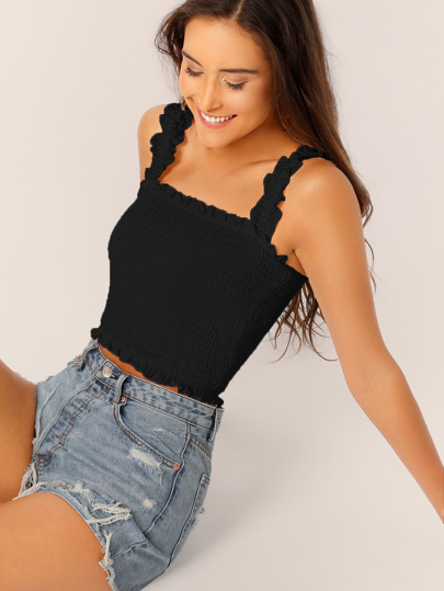 SHEIN Essnce Black Frill Trim Shirred Crop Women Top