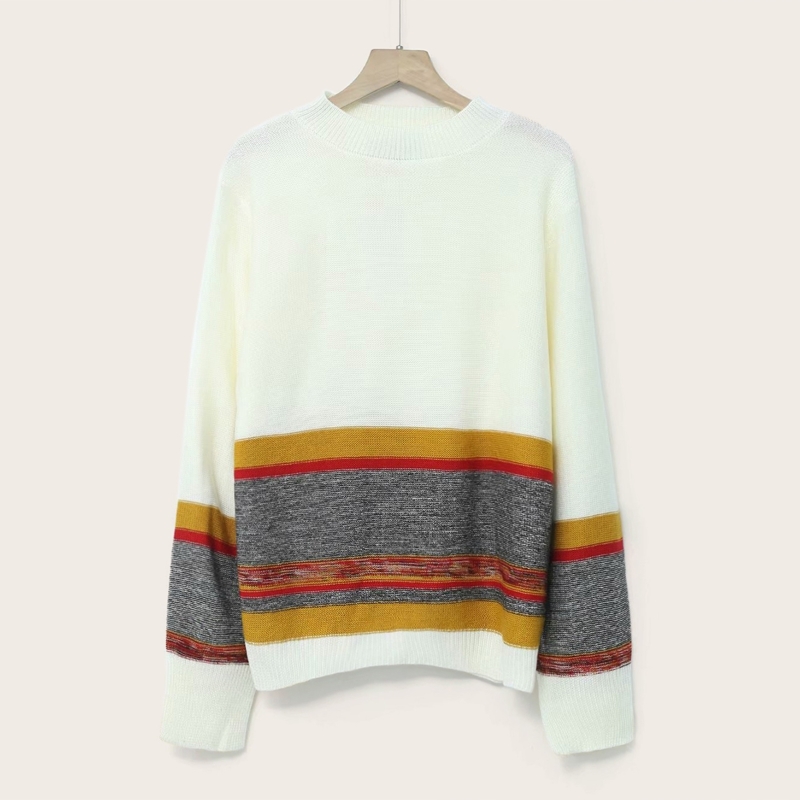 

Colorful Striped Round Neck Sweater, White