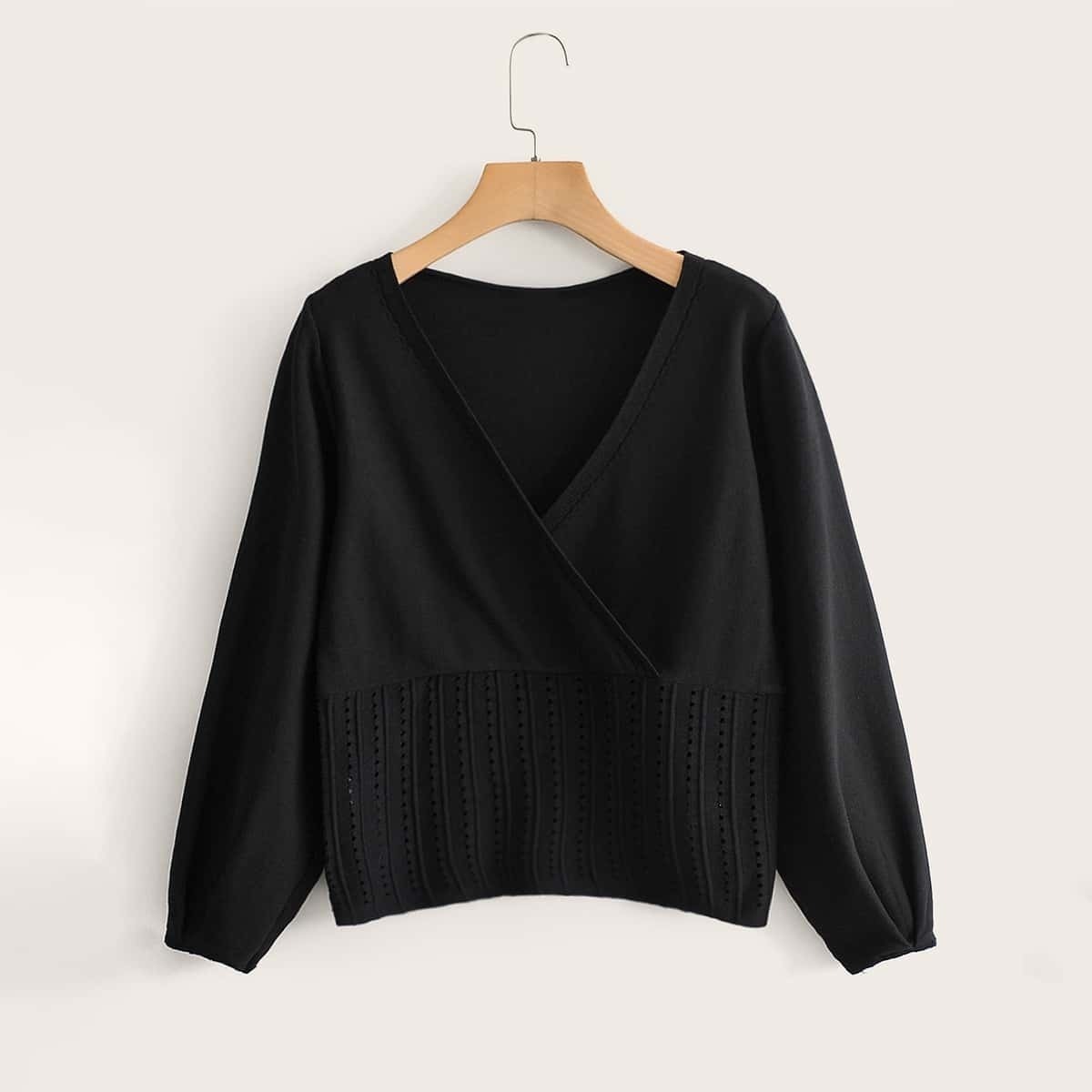 

Eyelet Surplice Front V-neck Sweater, Black
