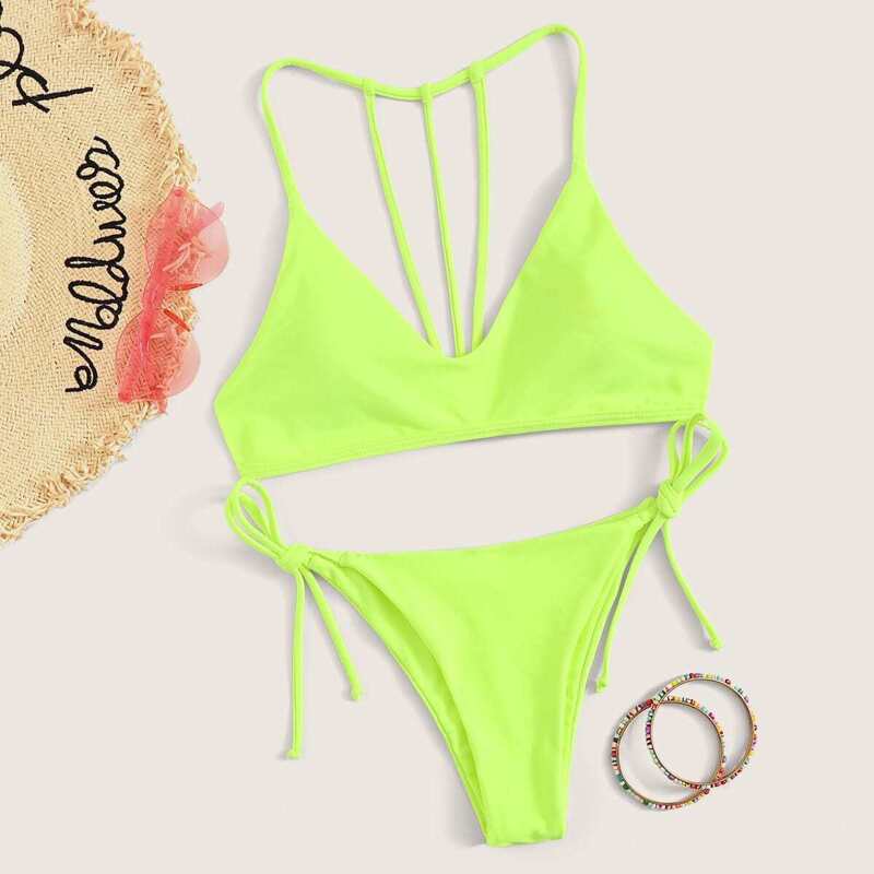 

Neon Lime Top With Tie Side Bikini Set, Green bright