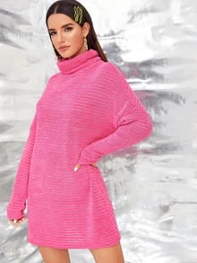 SHEIN High Neck Drop Shoulder Solid Jumper Dress - Pink - View 1