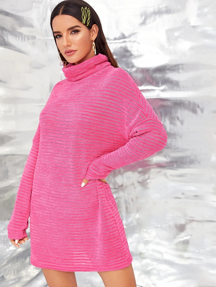SHEIN High Neck Drop Shoulder Solid Jumper Dress - Pink - View 1