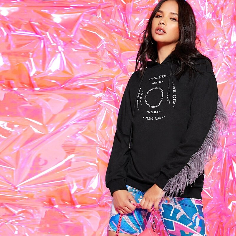 

Faux Feather Trim Graphic Print Hoodie, Black