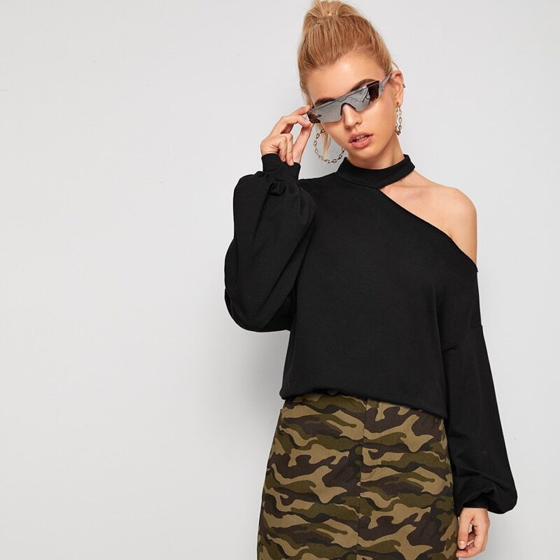 

Choker Shoulder Lantern Sleeve Solid Sweatshirt, Black