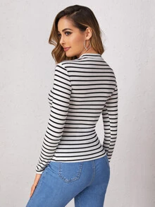 SHEIN Essnce Mock-cổ Rib-đan sọc sọc - Đen và trắng - Xem 2