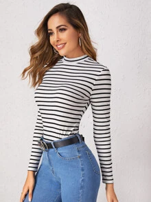 SHEIN Essnce Mock-cổ Rib-đan sọc sọc - Đen và trắng - Xem 5