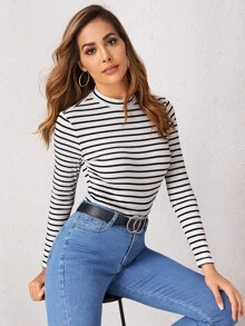 SHEIN Essnce Mock-cổ Rib-đan sọc sọc - Đen và trắng - Xem 1