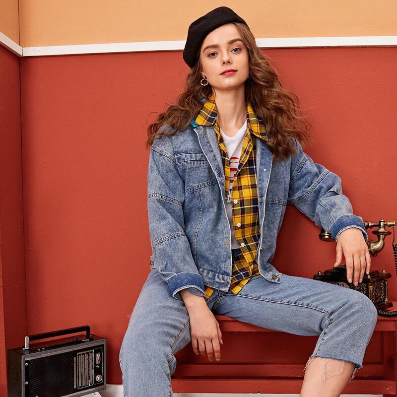

Letter Print Button Front Hooded Denim Jacket, Blue